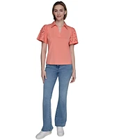 Karl Lagerfeld Paris Women's Mixed-Media Eyelet Knit Top