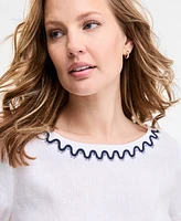 Charter Club Women's Palm-Applique 100% Linen Top, Exclusively at Macy's
