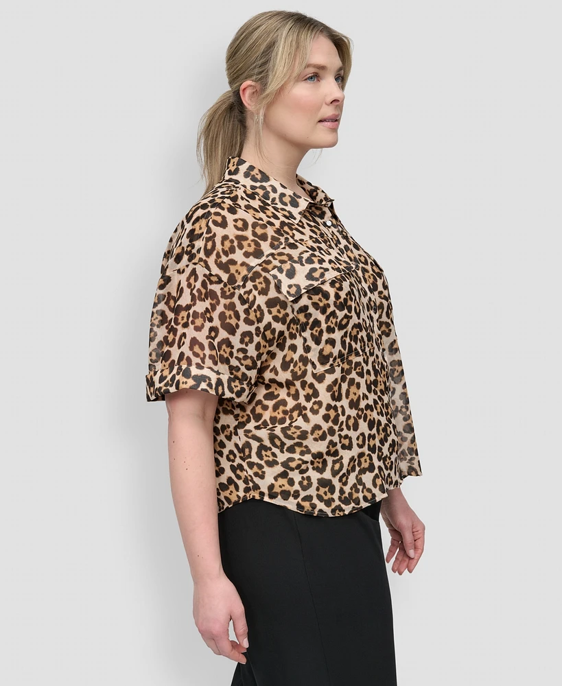 Dkny Plus Animal Print Short-Sleeve Button-Front Shirt