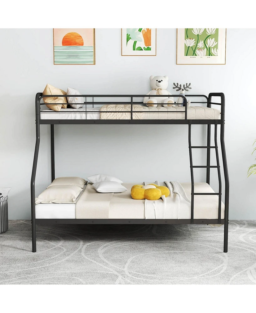 Twin over Full Metal Bunk Bed with Inclined Ladder Safety Guardrail, Slat Support