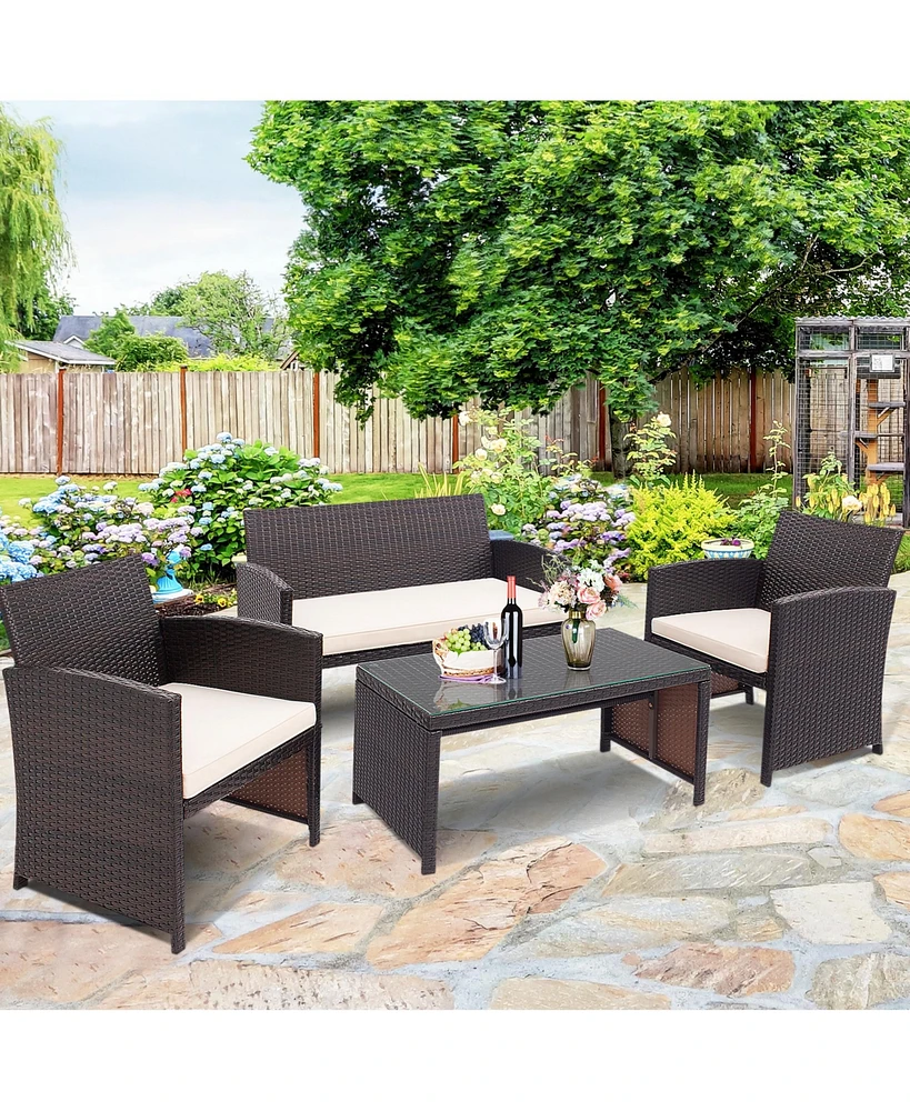 Gymax 8PCS Patio Conversation Set Outdoor Rattan Furniture Set w/ White Cushions