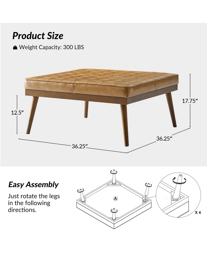 Aurora Modern Genuine Leather Ottoman With Solid Wood Legs