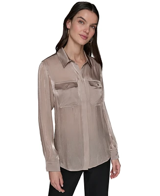 Karl Lagerfeld Paris Women's Mixed-Media Button-Front Blouse