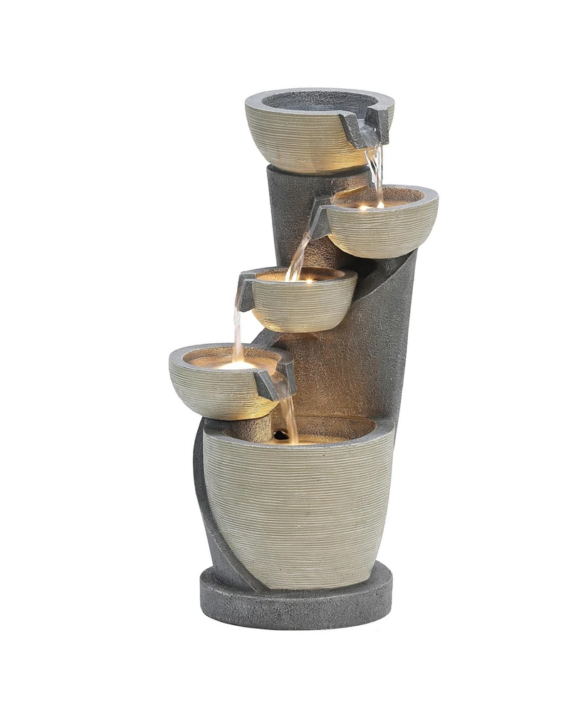 LuxenHome Gray Cascading Bowls and Column Resin Outdoor Fountain with Led Lights