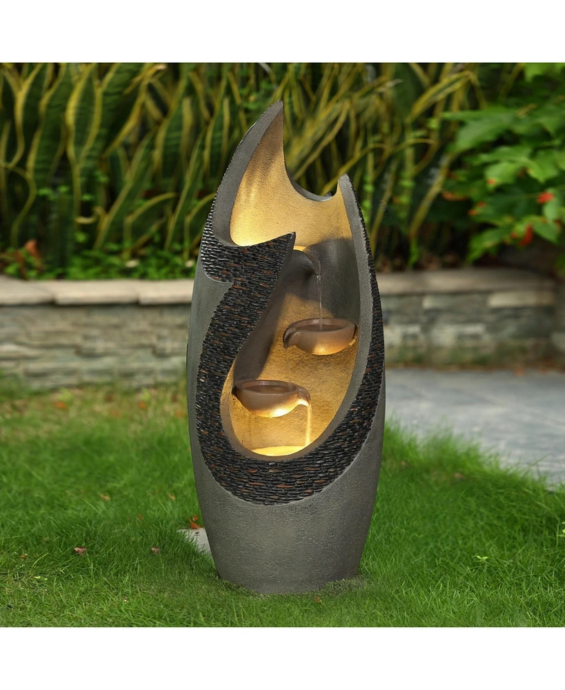 LuxenHome Resin Modern Tiered Patio Fountain with Led Lights