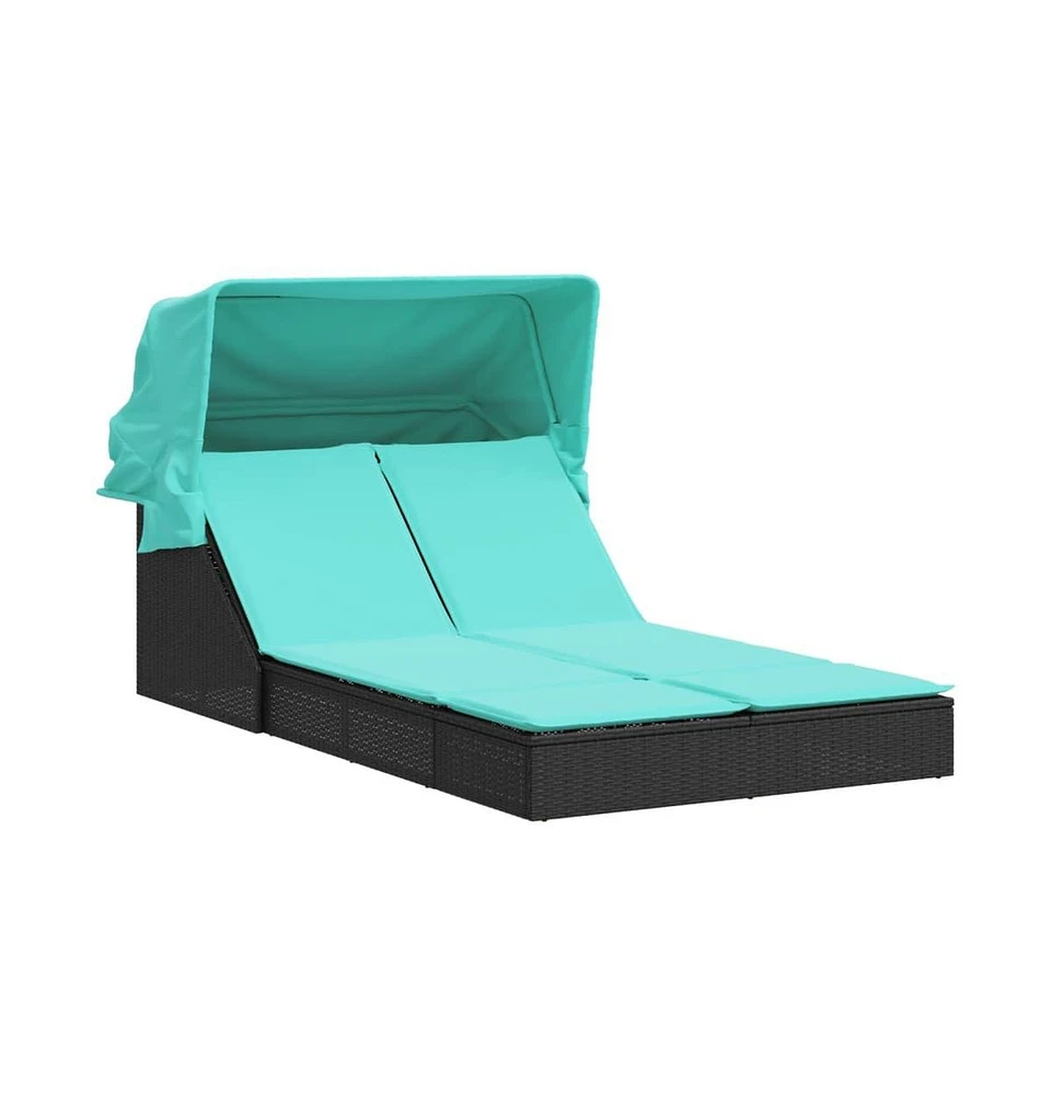 Double Sun Lounger with Canopy and Cushions Black Poly Rattan
