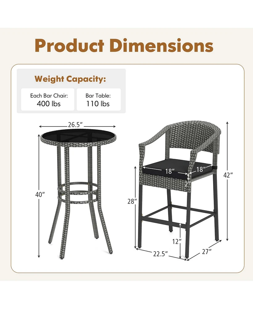 3-Piece Patio Rattan Bar Set Wicker Bar Height Armchairs & Round Table