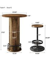 Tribesigns Round Bar Table with 2 Chairs, Industrial Bistro Sets with 2 barstools, Pub Cocktail Table with Metal Ring Footrest for Kitchen Nook, Apart