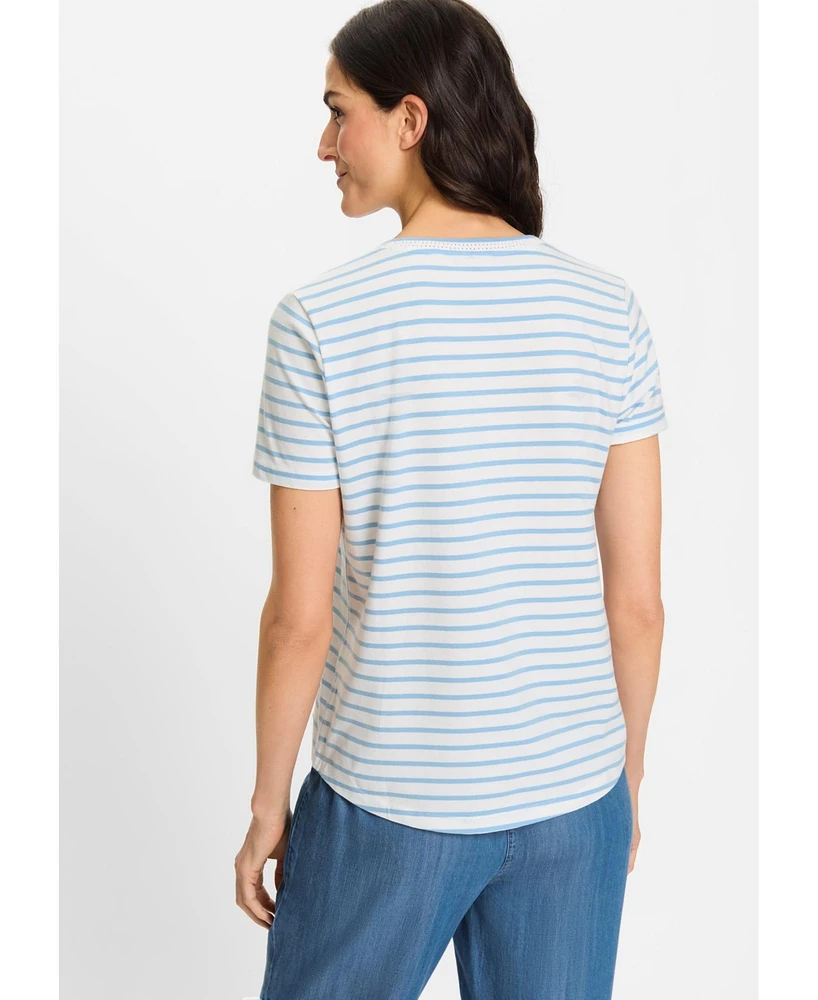 Olsen Women's Striped Embroidered Trim V-Neck Tee