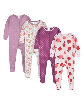 Gerber Baby Girls 4-Pack Snug Fit Footed Cotton Pajamas, Apple & Woodland Floral, 9M