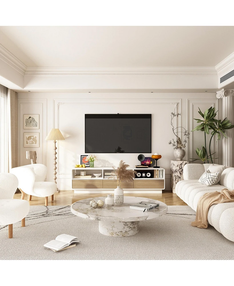 Tv stand with three compartments and three draws, wooden media consoles in white and wood colours, multi-purpose entertainment center
