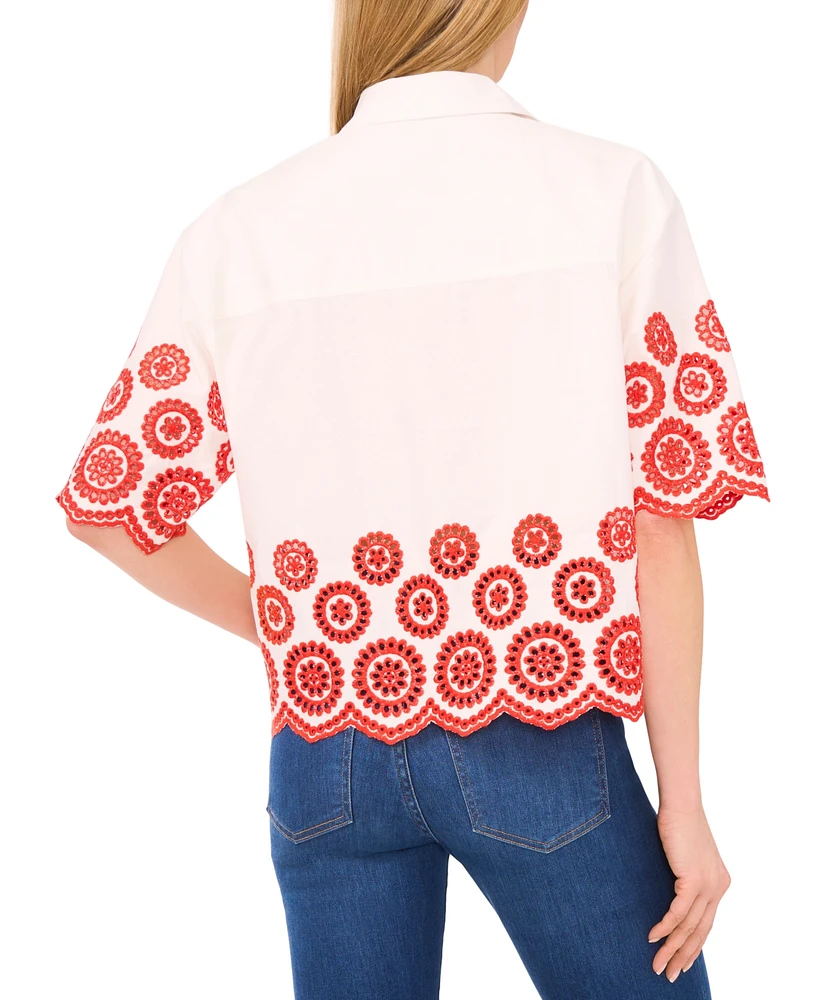 CeCe Women's Contrast Embroidered Cotton Collared Shirt