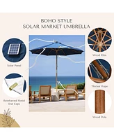 LAGarden Boho 32 Led 9Ft Wood Market Patio Umbrella with Solar Lights for Bar Hotel Resort Alfresco Dining Rooftop Restauran Navy Blue