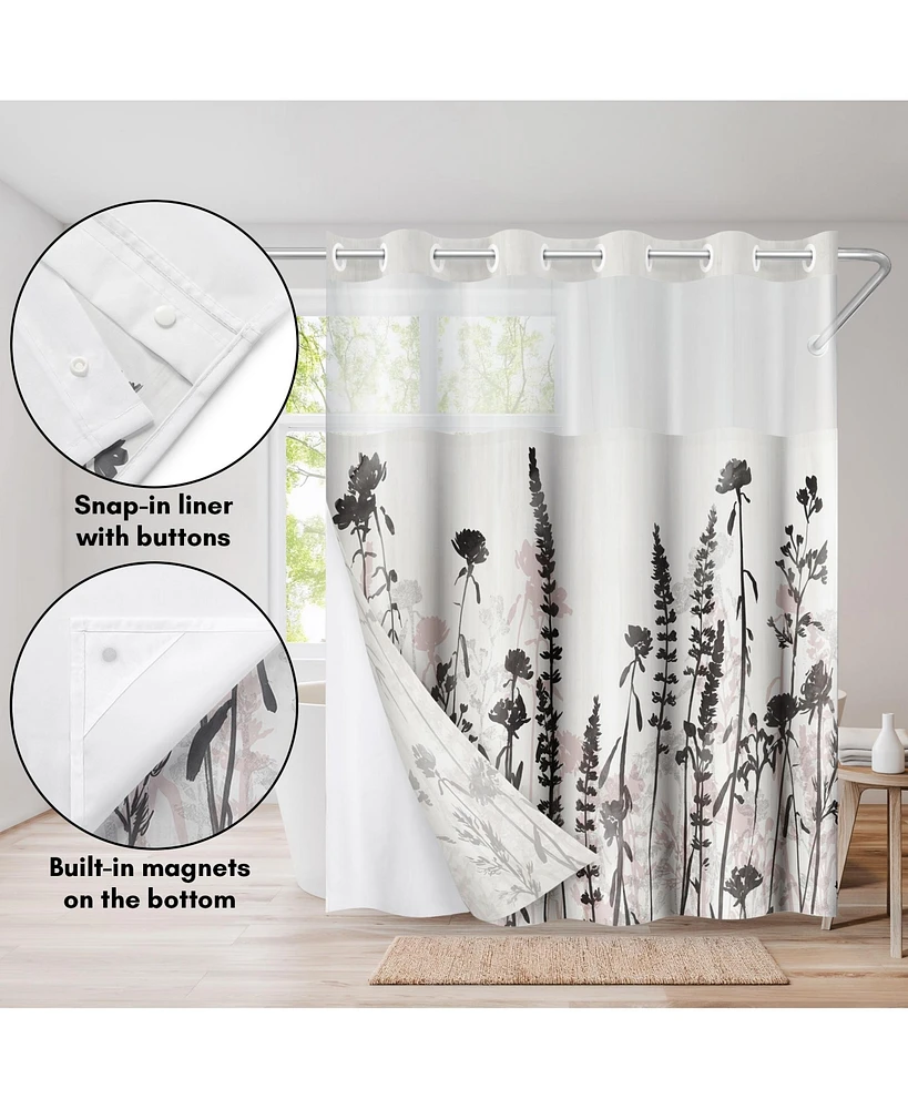 Americanflat 72x75 Hookless Shower Curtain - Floral Cream and Shower Curtain with Sheer Panel, Snap-In Liner, and Grommets