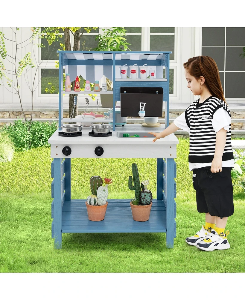 Double-sided Wooden Play Kitchen and Grocery Stand with Stoves for Kids 3+ Years Old