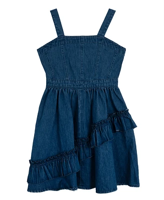 Rare Editions Big Girls Denim Ruffle With Asymmetrical Skirt Dress