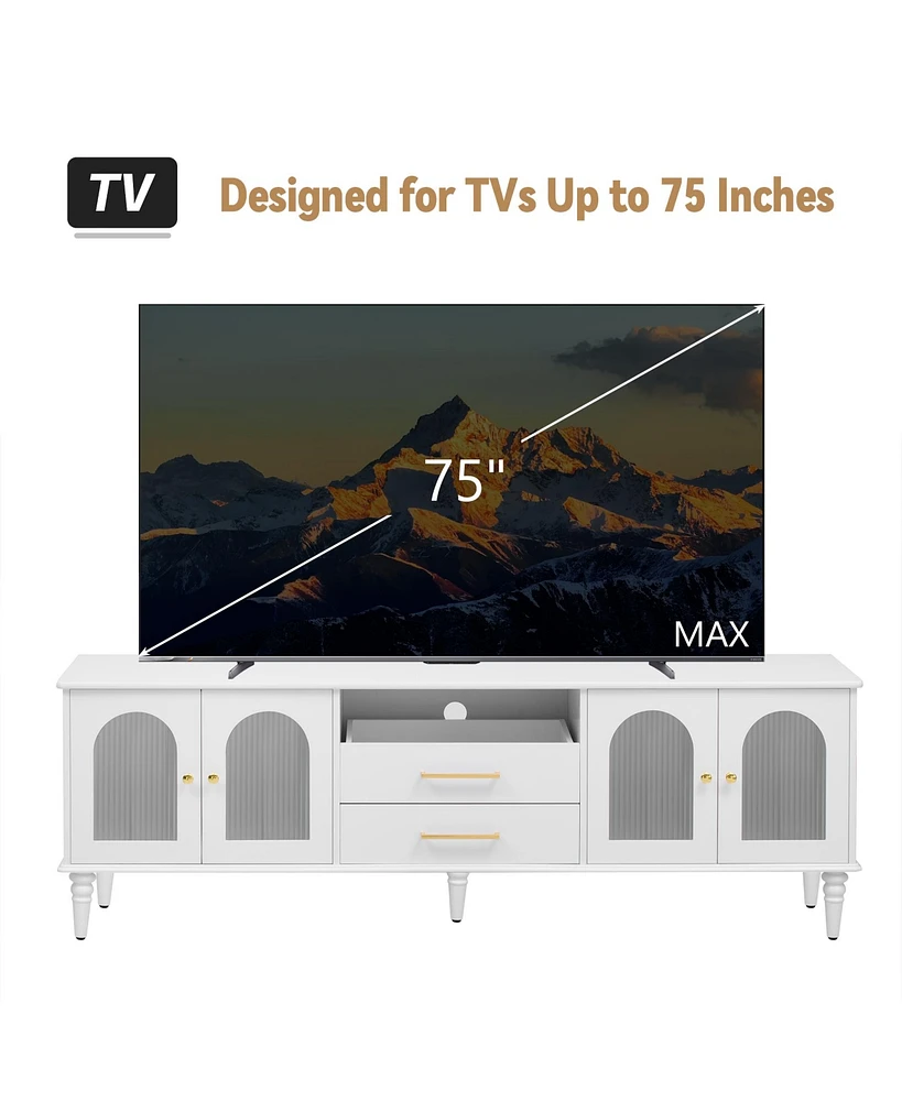 Retro Tv Stand Console with Fluted Glass Doors for 75" TVs