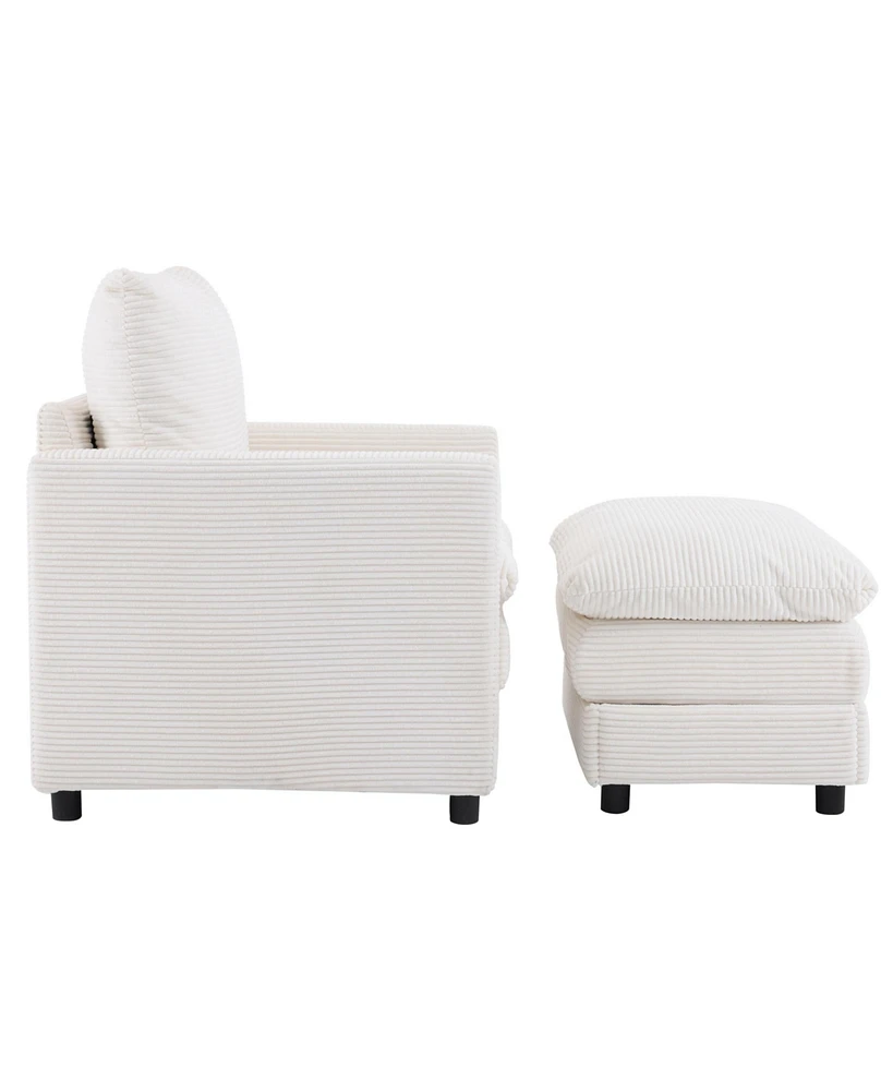 Upholstered Corduroy Armchair with Ottoman, Oversized Sleeper Chair for Bedroom, Living Room, Office (Beige)