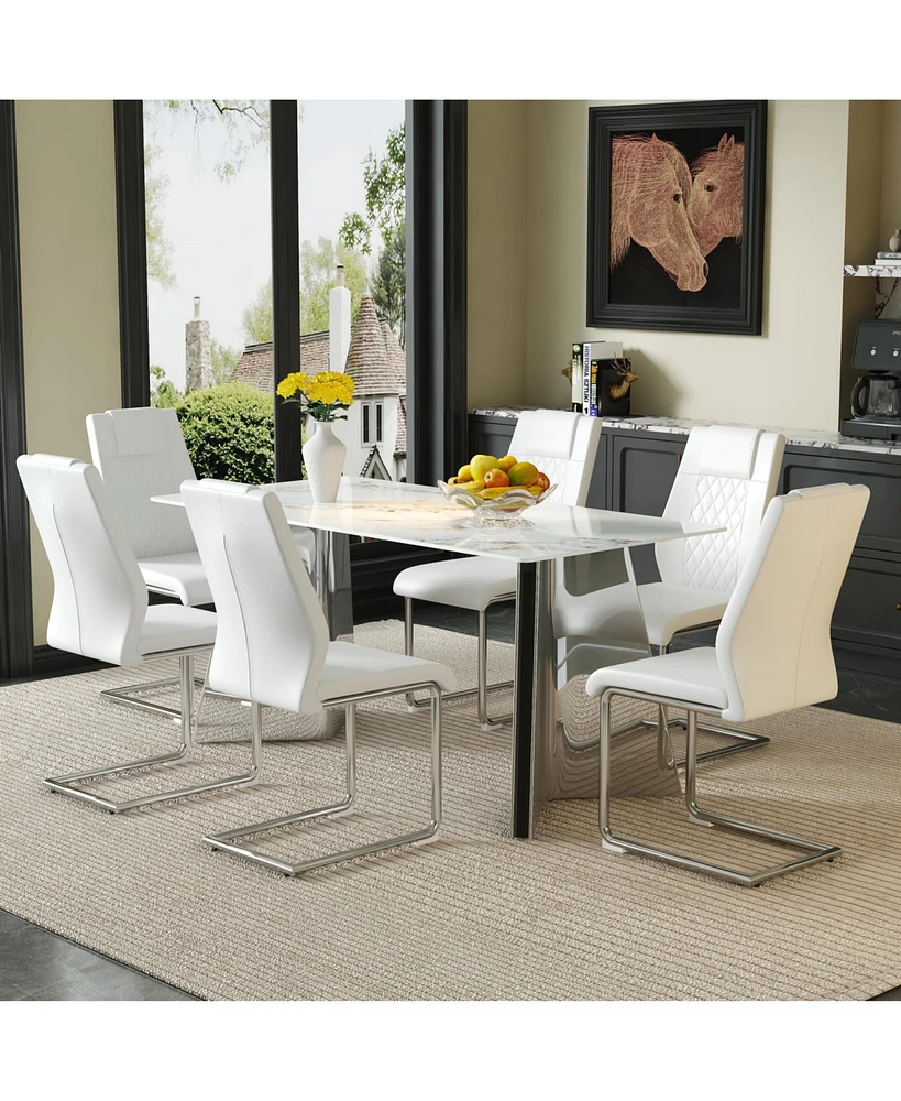 63" Cold Jade Dining Table Set with 6 White Pu Chairs