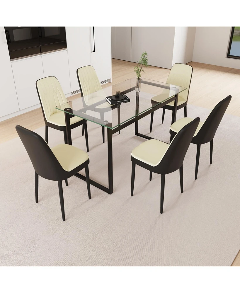 51" Glass Dining Table Set, Black Metal Legs & Pu Chairs