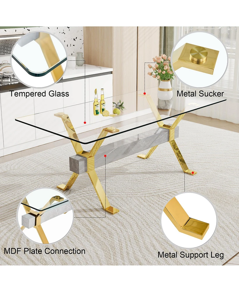 Modern Glass Dining Table Gold Legs 79"