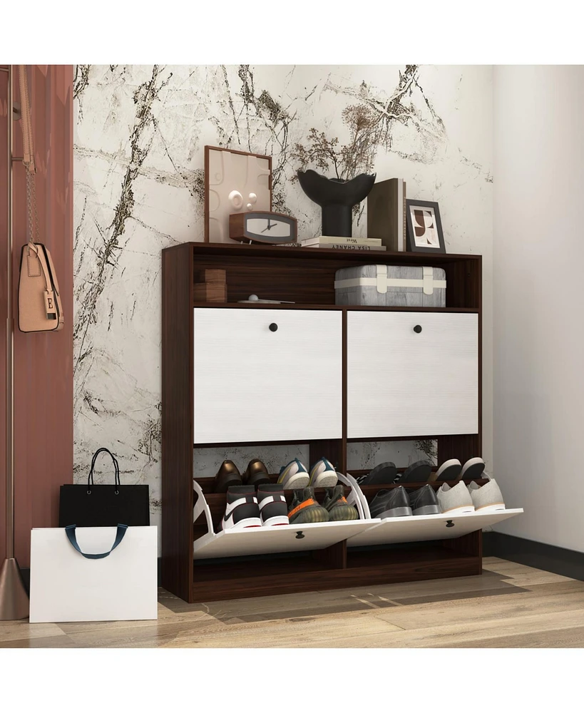 Shoe Storage Cabinet: 4 Flip Drawers, Wooden Handles, Freestanding, Anti-Tip Fitting