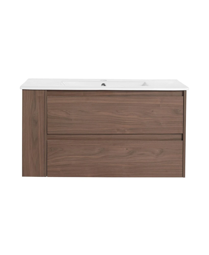 36" Wall Mounting Bathroom Vanity With Ceramic Sink, Soft Close Drawer