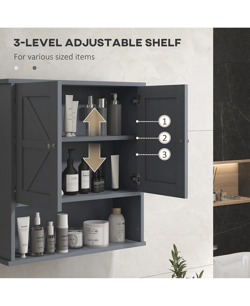 Farmhouse Bathroom Wall Cabinet, Wall Mounted Medicine Cabinet with Open Shelf & Adjustable Shelf, Storage for Laundry Room, Gray