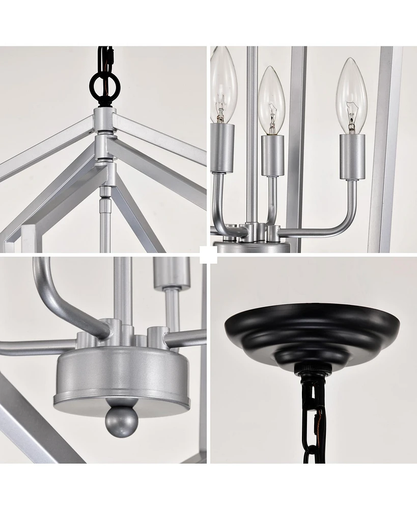 4-Light Farmhouse Chandelier, Matte Black & Silver with Vintage Cage Fixture, Adjustable Height