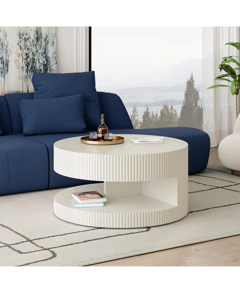 31.5" Round Coffee Table, Modern Center Table with Storage, Vertical Stripe Design Coffee Table for Living Room, Bedroom(White)