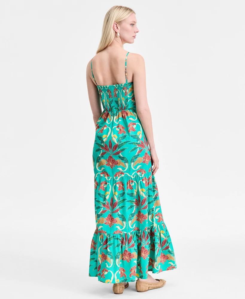 I.n.c. International Concepts Women's Floral-Print Smocked-Back Tiered Cotton Maxi Dress, Exclusively at Macy's
