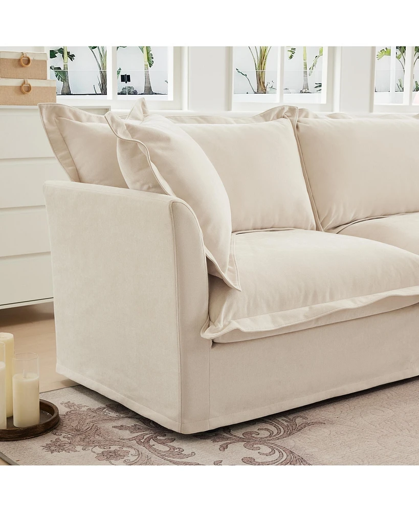 L-Shaped Slipcovered Sectional Sofa with Ottoman & Pillows