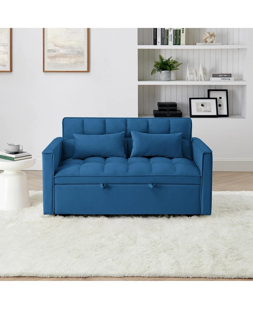54.33 inch versatile foldable sofa bed in 3 lengths, modern sofa sofa sofa velvet pull-out bed, adjustable back (Blue)