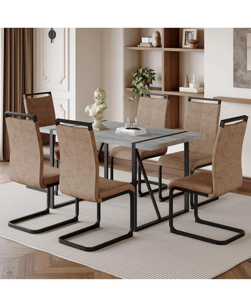 Modern Grey Marble Mdf Dining Set with 6 Tech Fabric Chairs and Black Arched Legs