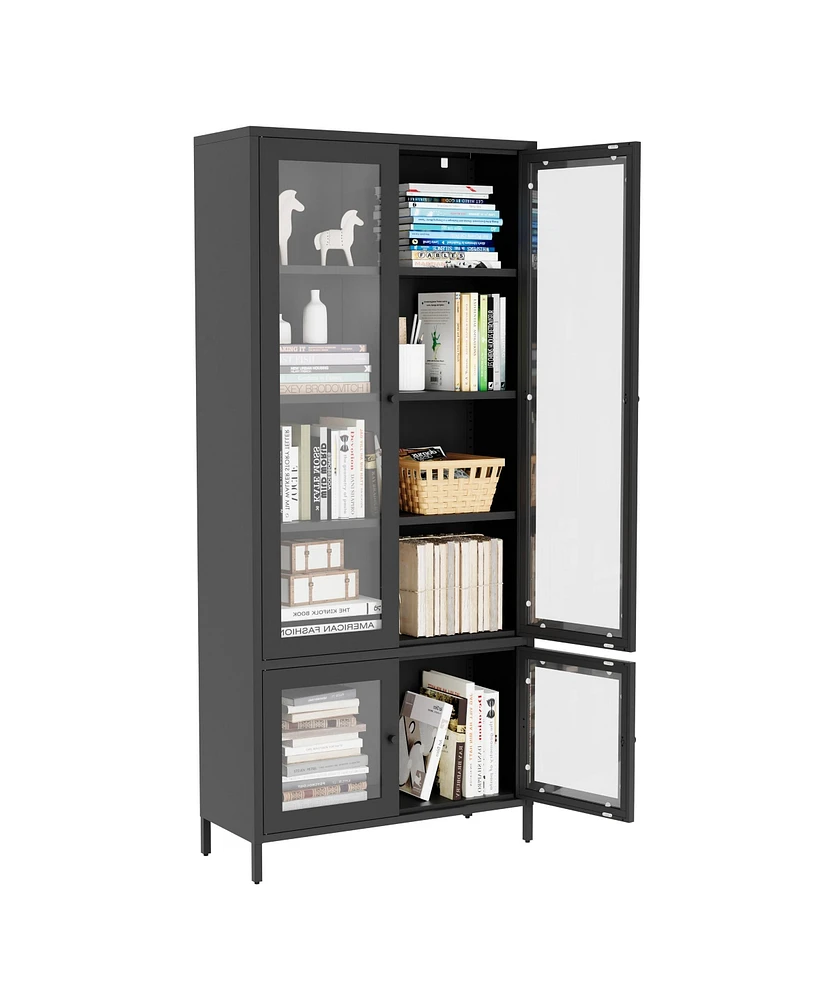 Large Metal Storage Cabinet Display Cabinet with 4 Glass Doors 5 Shelves Side Cabinet Bookcase Freestanding Cabinet for Bedroom Living Room Pantry Hom