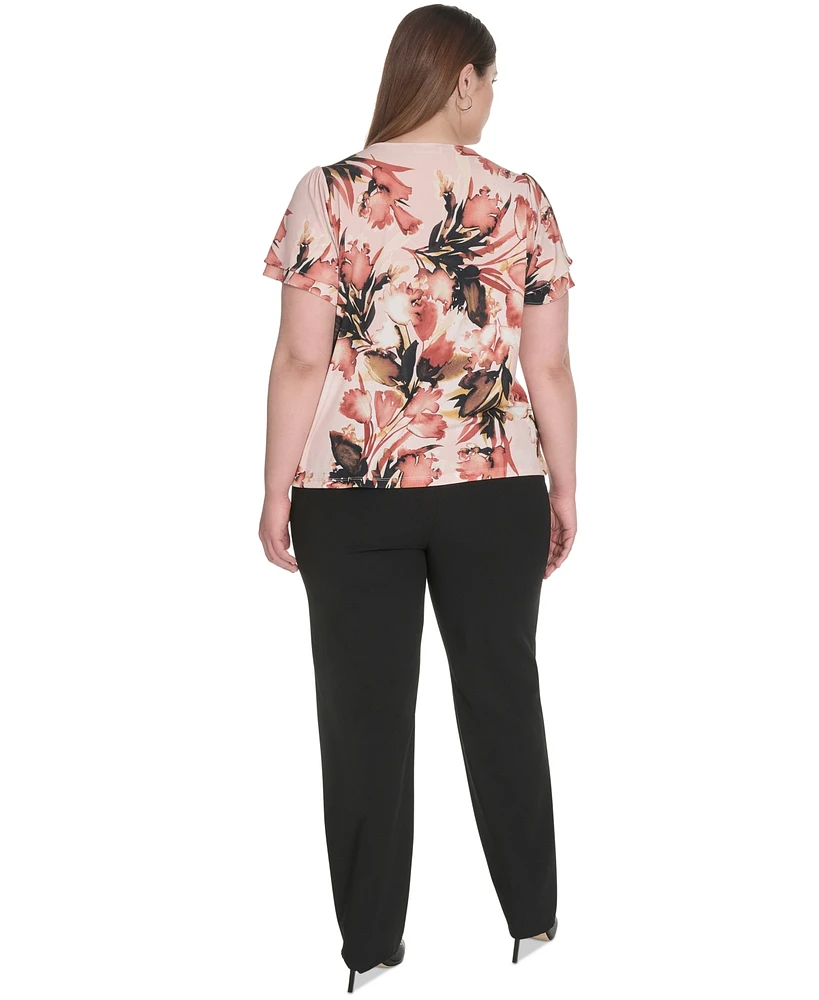Calvin Klein Plus Placed-Print Flutter-Sleeve Top