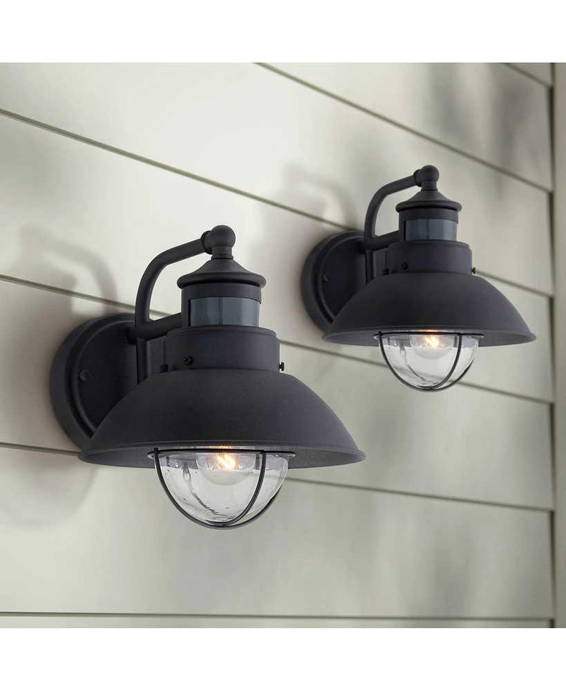 Oberlin Rustic Industrial Farmhouse Outdoor Barn Light Fixtures Set of 2 Black Dusk to Dawn Motion Sensor 9" Clear Seedy Glass for Exterior Deck