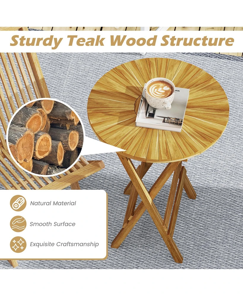 Patio Folding Side Table Teak Wood Round End Table with Slatted Tabletop and X-Shaped Frame
