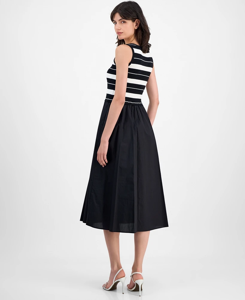 T Tahari Women's Striped-Bodice Mixed-Media Midi Dress