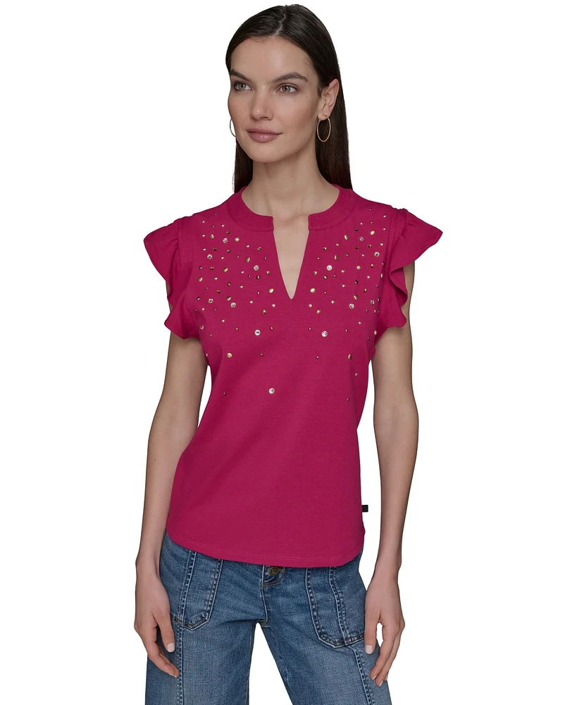 Karl Lagerfeld Paris Women's Studded Ruffle Knit Top