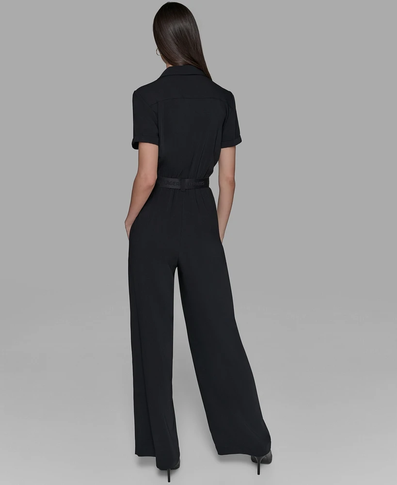 Karl Lagerfeld Paris Petite Belted Short-Sleeve Button-Front Jumpsuit
