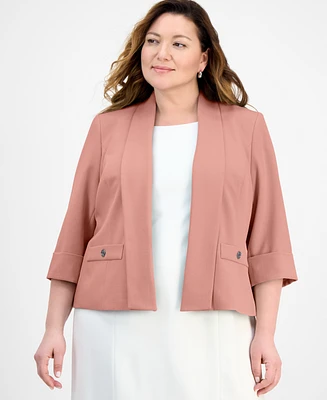 Kasper Plus Shawl-Collar Cuffed 3/4-Sleeve Jacket
