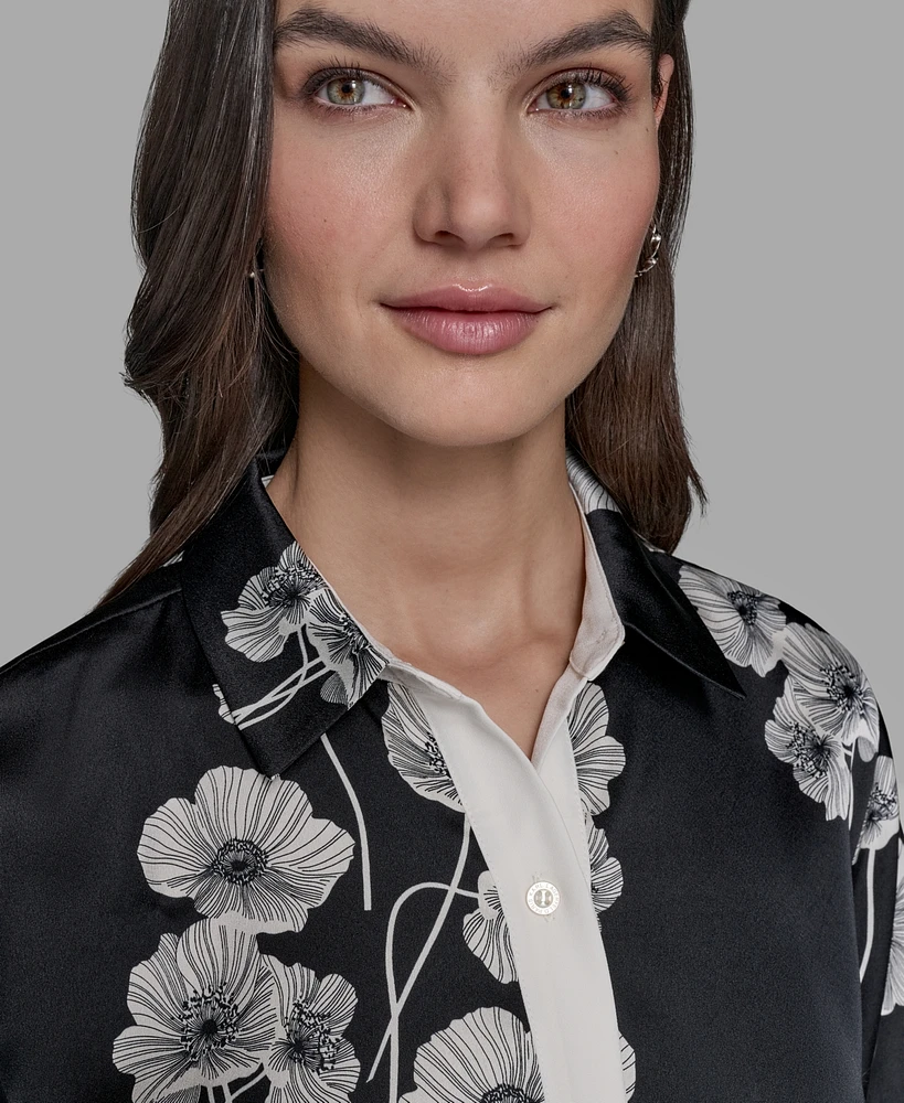 Karl Lagerfeld Paris Petite Short-Sleeve Multi-Print Camp Shirt