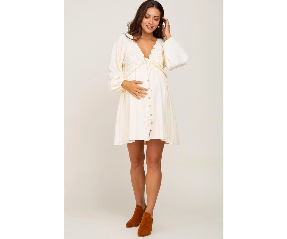Pinkblush Maternity Beige Crochet Lace Button Front Dress