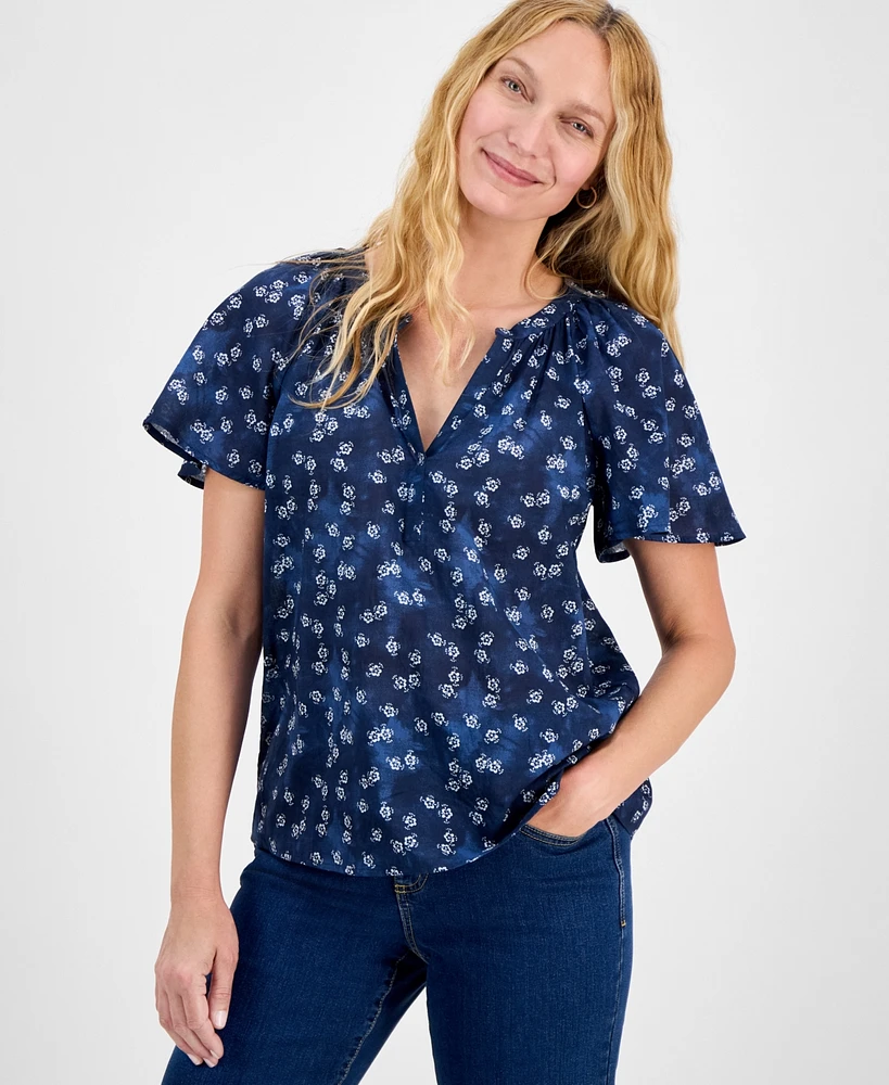 Style & Co Petite Printed Split-Neck Flutter-Sleeve Top, Exclusively at Macy's