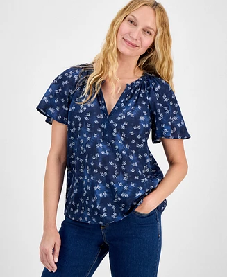 Style & Co Petite Printed Split-Neck Flutter-Sleeve Top, Exclusively at Macy's