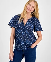 Style & Co Petite Printed Split-Neck Flutter-Sleeve Top, Exclusively at Macy's