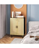 Sideboard Buffet Cabinet, Kitchen Cabinet, Coffee Bar Cabinet with 2 Rattan Doors and Adjustable Shelves