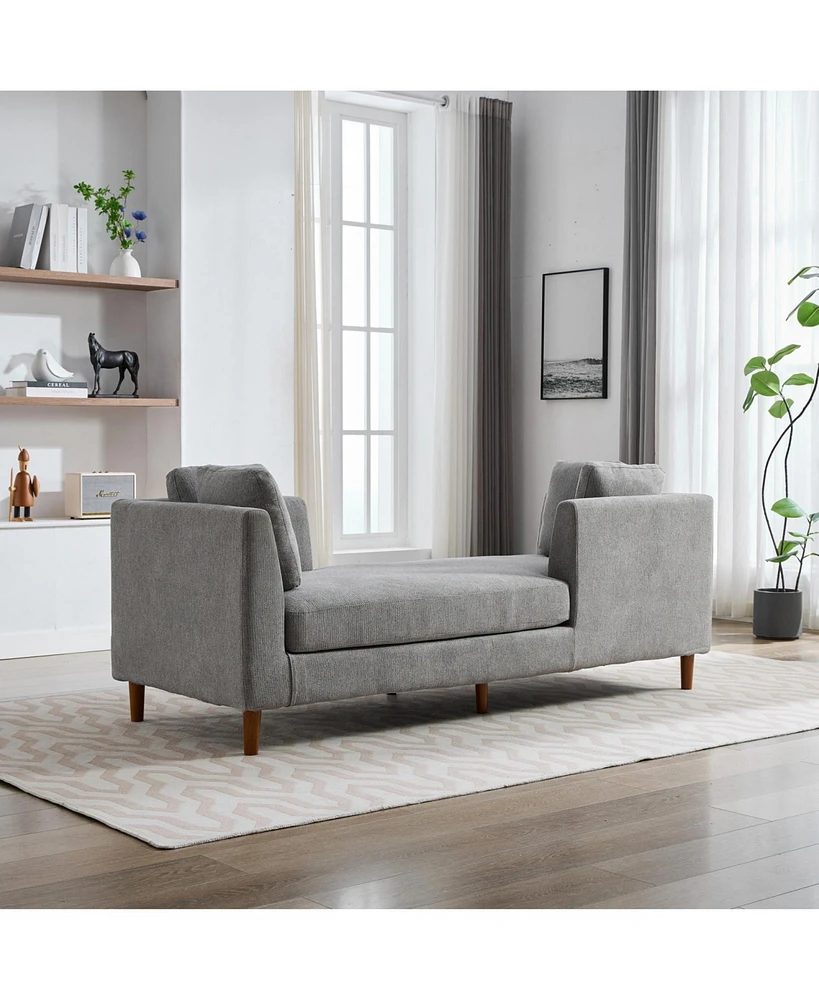 Gray Chenille Double-Sided Chaise Lounge Sofa w/ Pillows and Rubberwood Legs