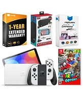 Nintendo Switch White Oled Console with Super Mario Odyssey, Surge Accessory Gaming Kit, MightySkins Console and Controller Skin Voucher